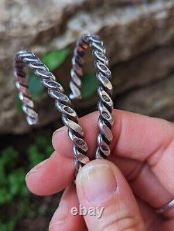 Early Navajo Stamped Sterling Twisted Wire Cuff Bracelet Pair Native Harvey Era