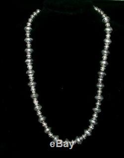 Early Navajo Sterling Graduated Bench Bead Pearls Squash Blossom Necklace 65 G