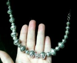 Early Navajo Sterling Graduated Bench Bead Pearls Squash Blossom Necklace 65 G