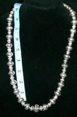 Early Navajo Sterling Graduated Bench Bead Pearls Squash Blossom Necklace 65 G