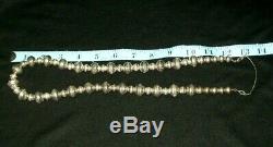 Early Navajo Sterling Graduated Bench Bead Pearls Squash Blossom Necklace 65 G