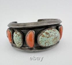 Early Navajo Sterling Silver #8 Turquoise & Coral Carinated Cuff Bracelet 116g