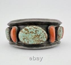 Early Navajo Sterling Silver #8 Turquoise & Coral Carinated Cuff Bracelet 116g