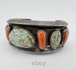 Early Navajo Sterling Silver #8 Turquoise & Coral Carinated Cuff Bracelet 116g