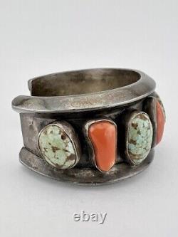 Early Navajo Sterling Silver #8 Turquoise & Coral Carinated Cuff Bracelet 116g