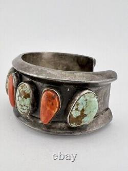 Early Navajo Sterling Silver #8 Turquoise & Coral Carinated Cuff Bracelet 116g