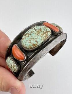 Early Navajo Sterling Silver #8 Turquoise & Coral Carinated Cuff Bracelet 116g