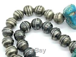 Early Navajo Sterling Silver Bench Bead Turquoise Naja Squash Blossom Necklace