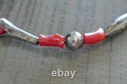 Early Navajo Sterling Silver & Coral Choker Style Necklace 18.7 Grams