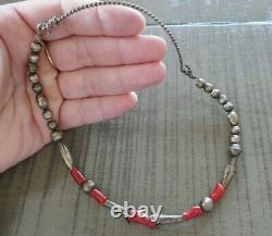 Early Navajo Sterling Silver & Coral Choker Style Necklace 18.7 Grams