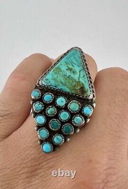 Early Navajo Sterling Silver Petit Point Turquoise Snake Eye Triangle Men's Ring