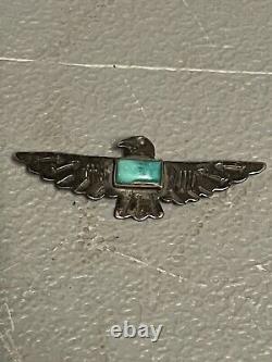 Early Navajo Sterling Silver Thunderbird Turquoise Pin