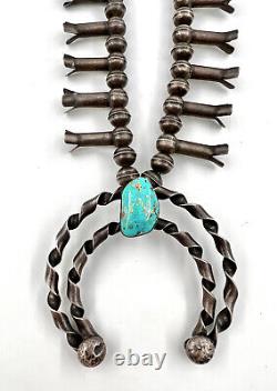 Early Navajo Sterling Silver Turquoise Squash Blossom Twist Necklace 122g 26
