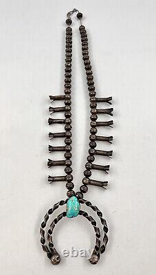 Early Navajo Sterling Silver Turquoise Squash Blossom Twist Necklace 122g 26