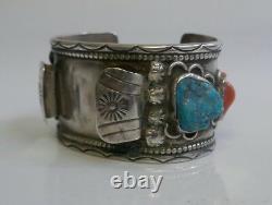 Early Navajo Sterling Silver Watch Holder With Inlay Turquoise & Coral