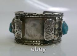 Early Navajo Sterling Silver Watch Holder With Inlay Turquoise & Coral