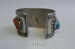 Early Navajo Sterling Silver Watch Holder With Inlay Turquoise & Coral