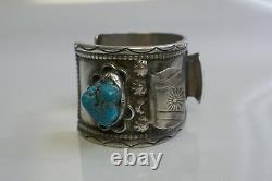 Early Navajo Sterling Silver Watch Holder With Inlay Turquoise & Coral