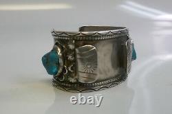 Early Navajo Sterling Silver Watch Holder With Inlay Turquoise & Coral