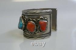 Early Navajo Sterling Silver Watch Holder With Inlay Turquoise & Coral