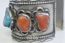 Early Navajo Sterling Silver Watch Holder With Inlay Turquoise & Coral