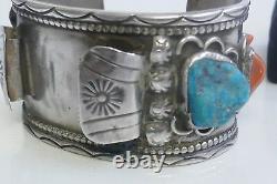 Early Navajo Sterling Silver Watch Holder With Inlay Turquoise & Coral