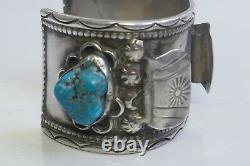 Early Navajo Sterling Silver Watch Holder With Inlay Turquoise & Coral