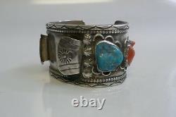 Early Navajo Sterling Silver Watch Holder With Inlay Turquoise & Coral