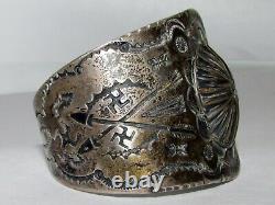 Early Navajo Tourist Era Coin Silver Wide Cuff Bracelet Whirling Logs Arrows