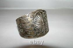 Early Navajo Tourist Era Coin Silver Wide Cuff Bracelet Whirling Logs Arrows