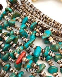 Early Navajo Turquoise Coral 5 strand Heishi Beaded Necklace Vintage