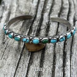 Early Navajo Zuni Ingot Silver Row Cuff Stamped Natural Turquoise 5.87 A