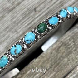 Early Navajo Zuni Ingot Silver Row Cuff Stamped Natural Turquoise 5.87 A