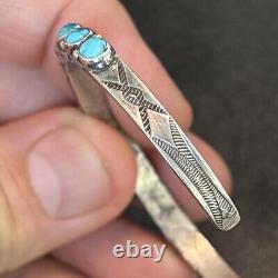 Early Navajo Zuni Ingot Silver Row Cuff Stamped Natural Turquoise 5.87 A