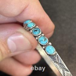 Early Navajo Zuni Ingot Silver Row Cuff Stamped Natural Turquoise 5.87 A