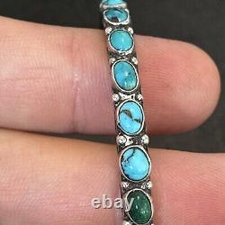 Early Navajo Zuni Ingot Silver Row Cuff Stamped Natural Turquoise 5.87 A