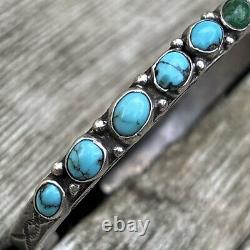 Early Navajo Zuni Ingot Silver Row Cuff Stamped Natural Turquoise 5.87 A