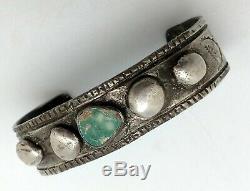 Early Navajo ingot silver bracelet, crude, natural turquoise, great