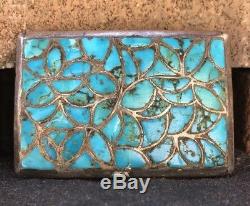 Early Old DISHTA Zuni Sterling Silver Turquoise Flush Inlay Belt Buckle