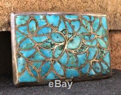 Early Old DISHTA Zuni Sterling Silver Turquoise Flush Inlay Belt Buckle