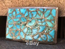Early Old DISHTA Zuni Sterling Silver Turquoise Flush Inlay Belt Buckle