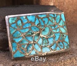Early Old DISHTA Zuni Sterling Silver Turquoise Flush Inlay Belt Buckle