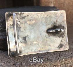 Early Old DISHTA Zuni Sterling Silver Turquoise Flush Inlay Belt Buckle