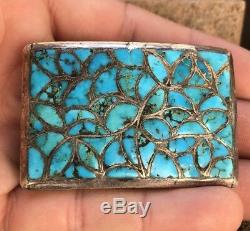 Early Old DISHTA Zuni Sterling Silver Turquoise Flush Inlay Belt Buckle