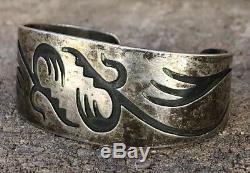 Early Old Hopi Sterling Silver Overlay Tribal Design Wide Cuff Bracelet