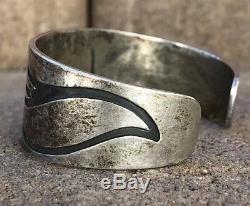 Early Old Hopi Sterling Silver Overlay Tribal Design Wide Cuff Bracelet