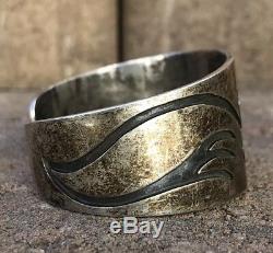 Early Old Hopi Sterling Silver Overlay Tribal Design Wide Cuff Bracelet