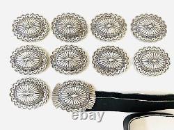 Early Old Pawn Native American Stamped Sterling Silver Sand Cast Concho Belt