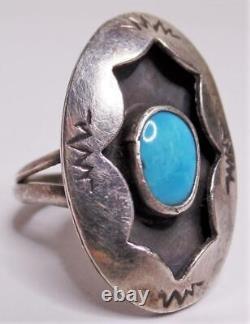 Early Old Pawn Navajo J Toadlena Signed Stamp Sterling Turquoise Shadow Box Ring