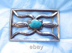 Early Old Pawn Sterling Native American Navajo Turquoise Belt Buckle 3 7/8 Long